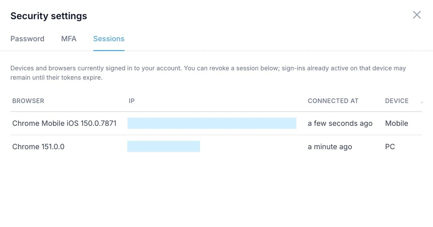 The Sessions tab of account security settings, listing each signed-in device with its IP and connection time