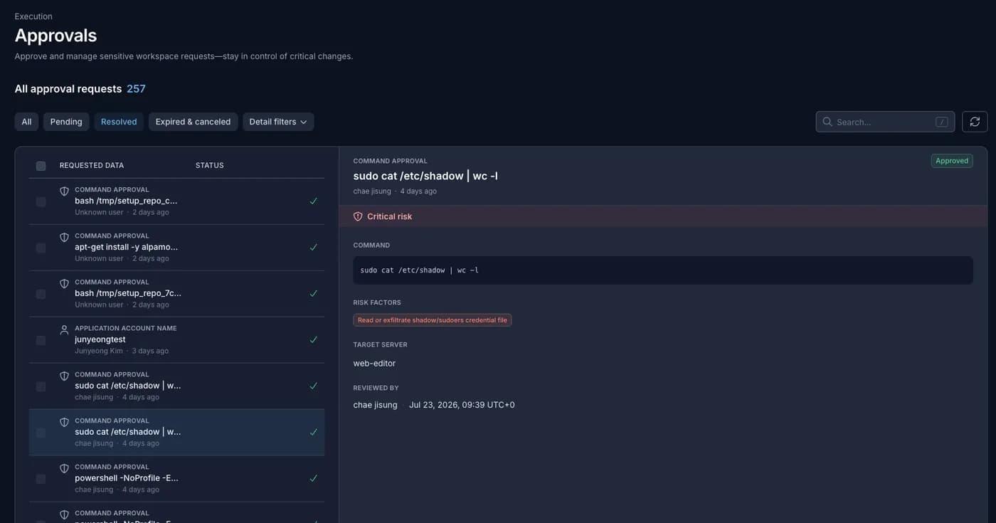 An approval request showing the runtime engine's risk assessment for the requested command, alongside the Work Session it belongs to