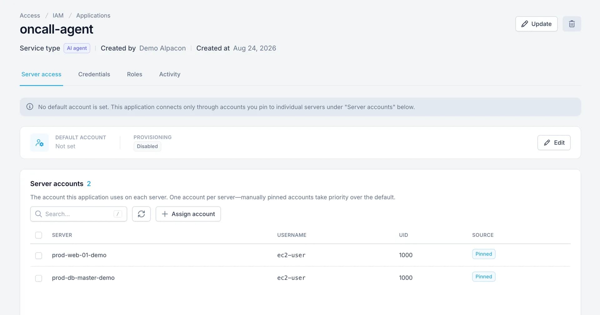 The oncall-agent application, showing its AI agent service type and the account pinned to each server it reaches
