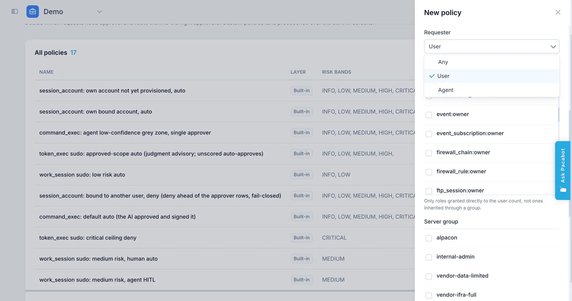 The New policy page, with Requester set to User and a choice of Any, User, or Agent, above the server groups the rule applies to