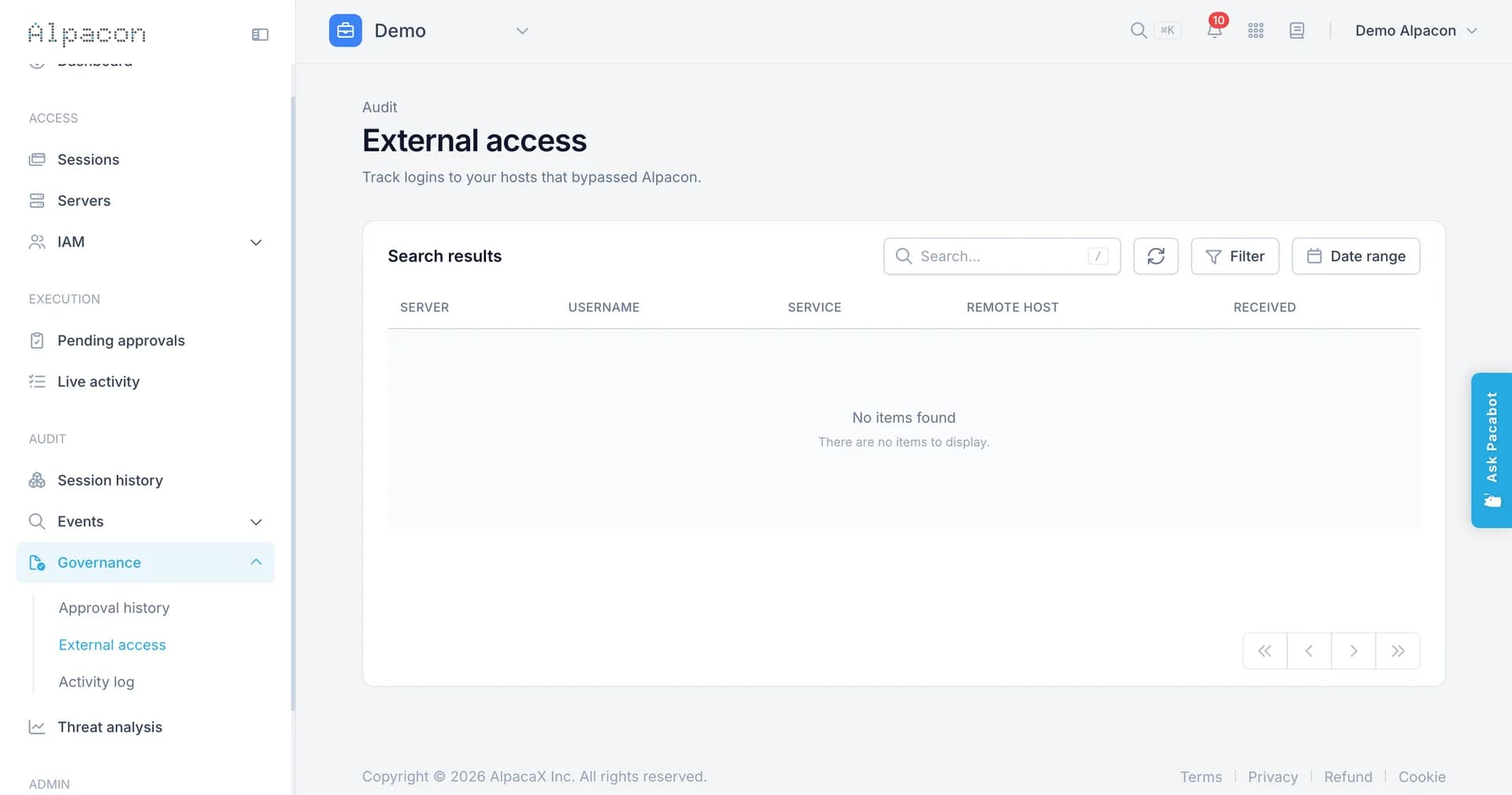 The External access page under Governance, listing connections that did not pass through Alpacon by server, username, service, and remote host