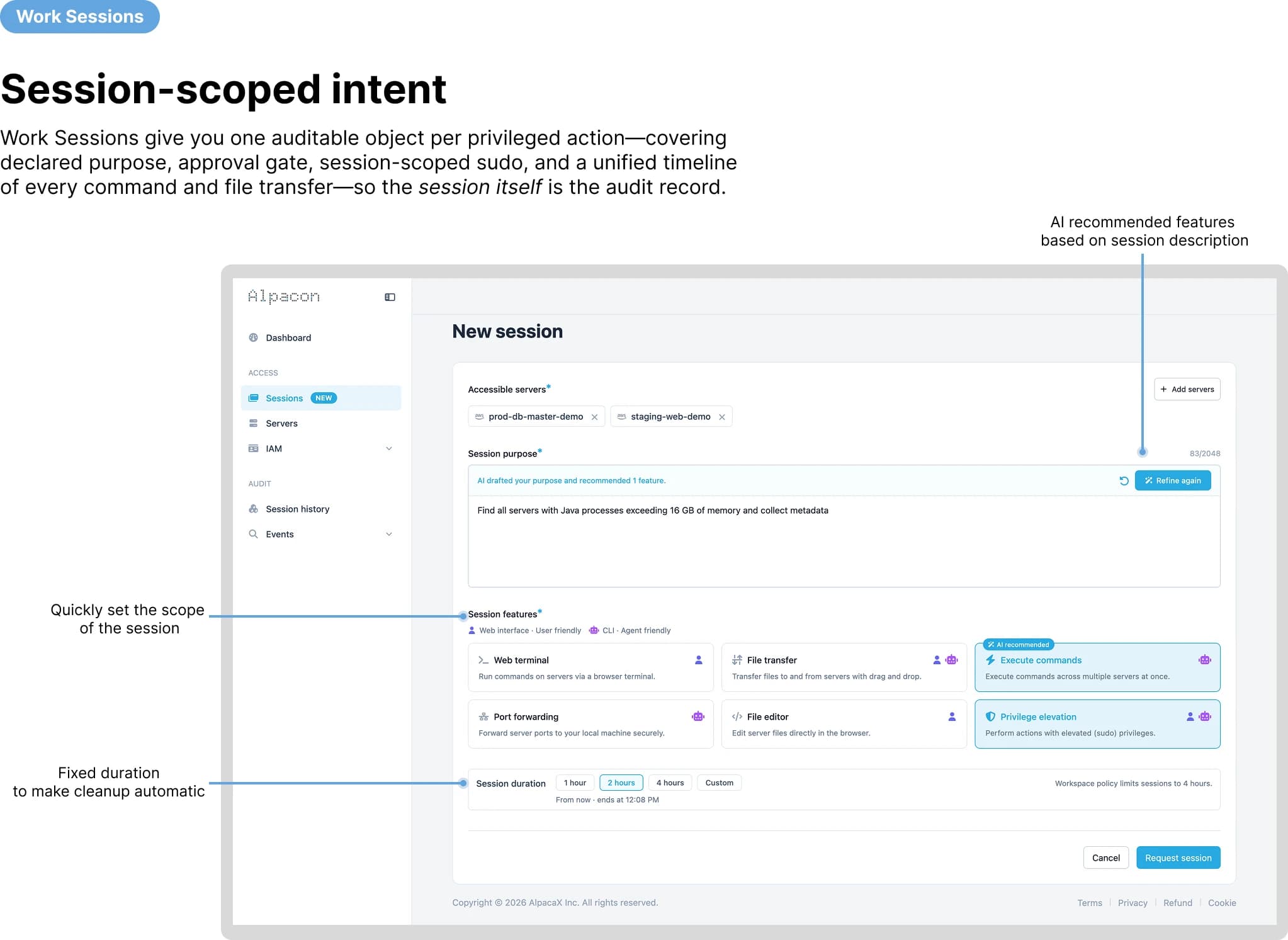 Alpacon "New session" creation page – operator declares purpose, scopes accessible servers, picks session features (web terminal, file transfer, port forwarding, privileged session), and sets a fixed duration before any command runs
