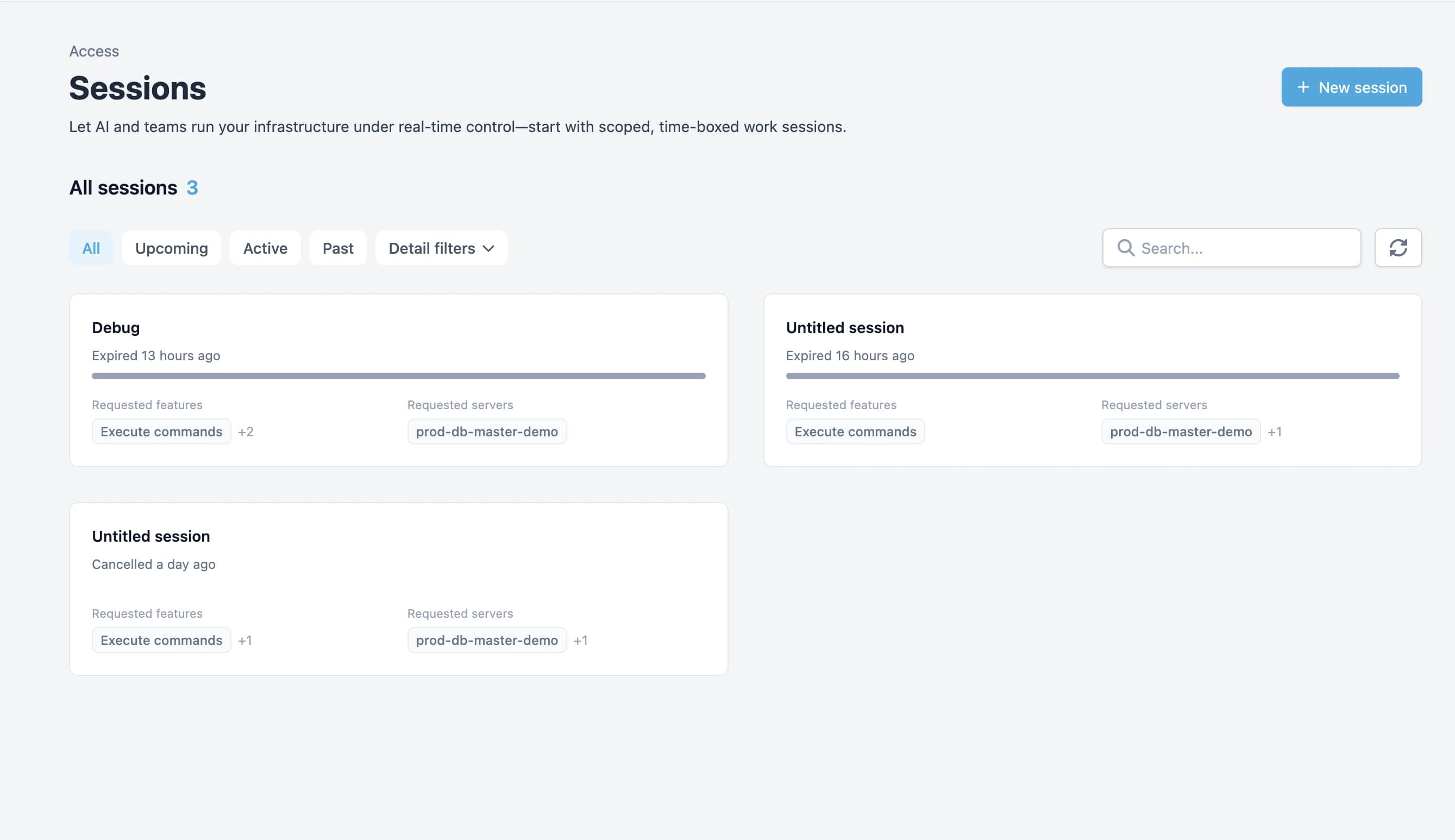 Alpacon Sessions page—filterable list of past and upcoming work sessions, each card showing intent ("Debug"), status (expired or cancelled with relative timestamp), requested features (Execute commands), and target servers (prod-db-master-demo)