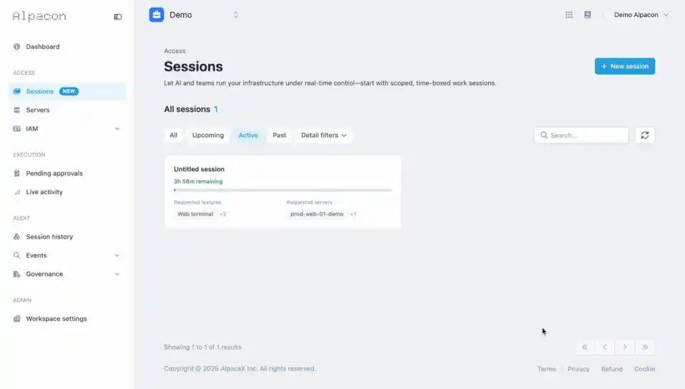 Operator opening a Websh terminal from an active Work Session in Alpacon—the web terminal launches inside the session's authorization boundary, so every command and sudo event from this terminal is automatically captured under the same session record
