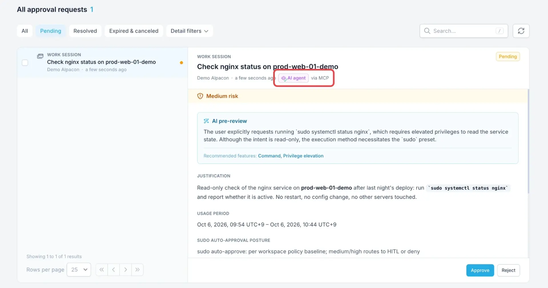 A pending work session request marked AI agent, arriving via MCP