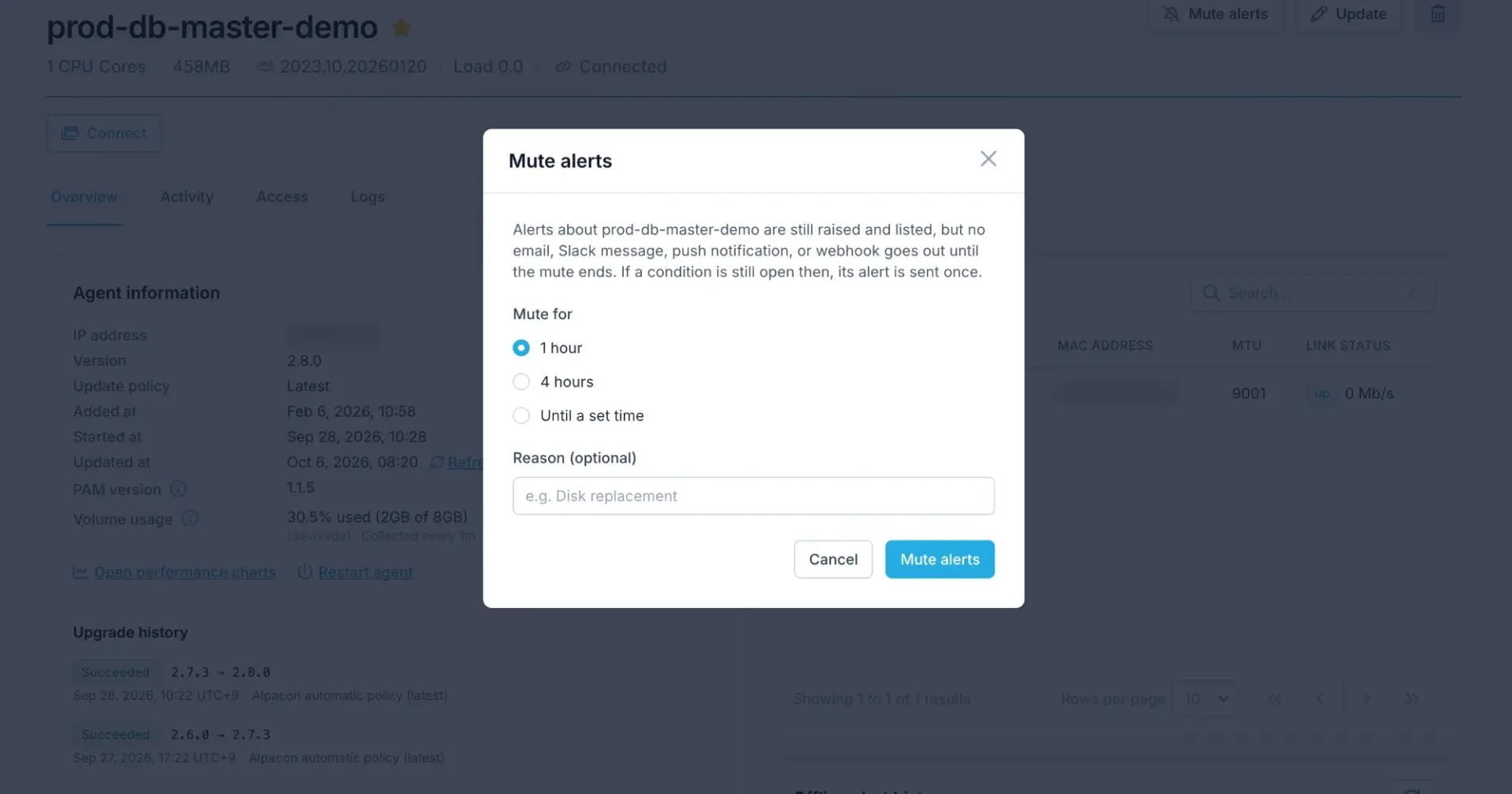 Mute alerts on a server: 1 hour, 4 hours or until a set time, with an optional reason