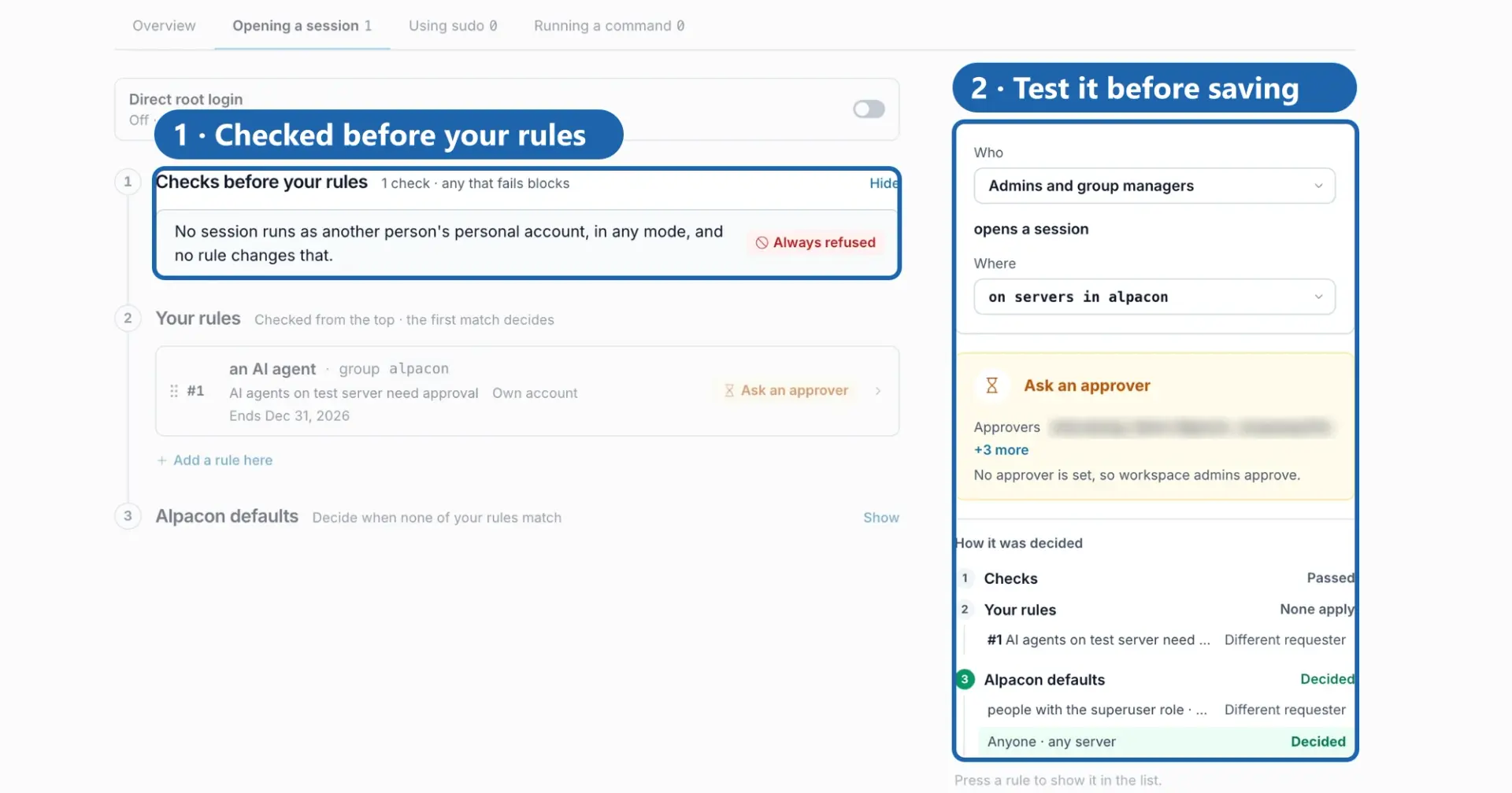The Opening a session tab of Access rules: the checks before your rules, the rule list, and a Try it result