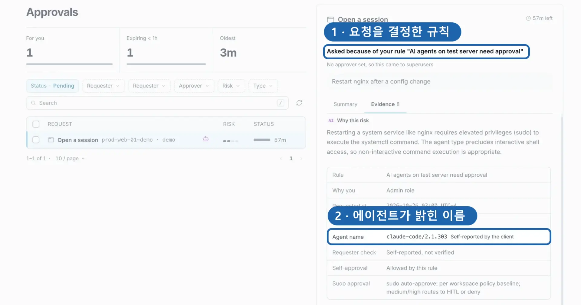 Claude Code가 요청한 Work Session의 승인 카드와 Evidence 탭