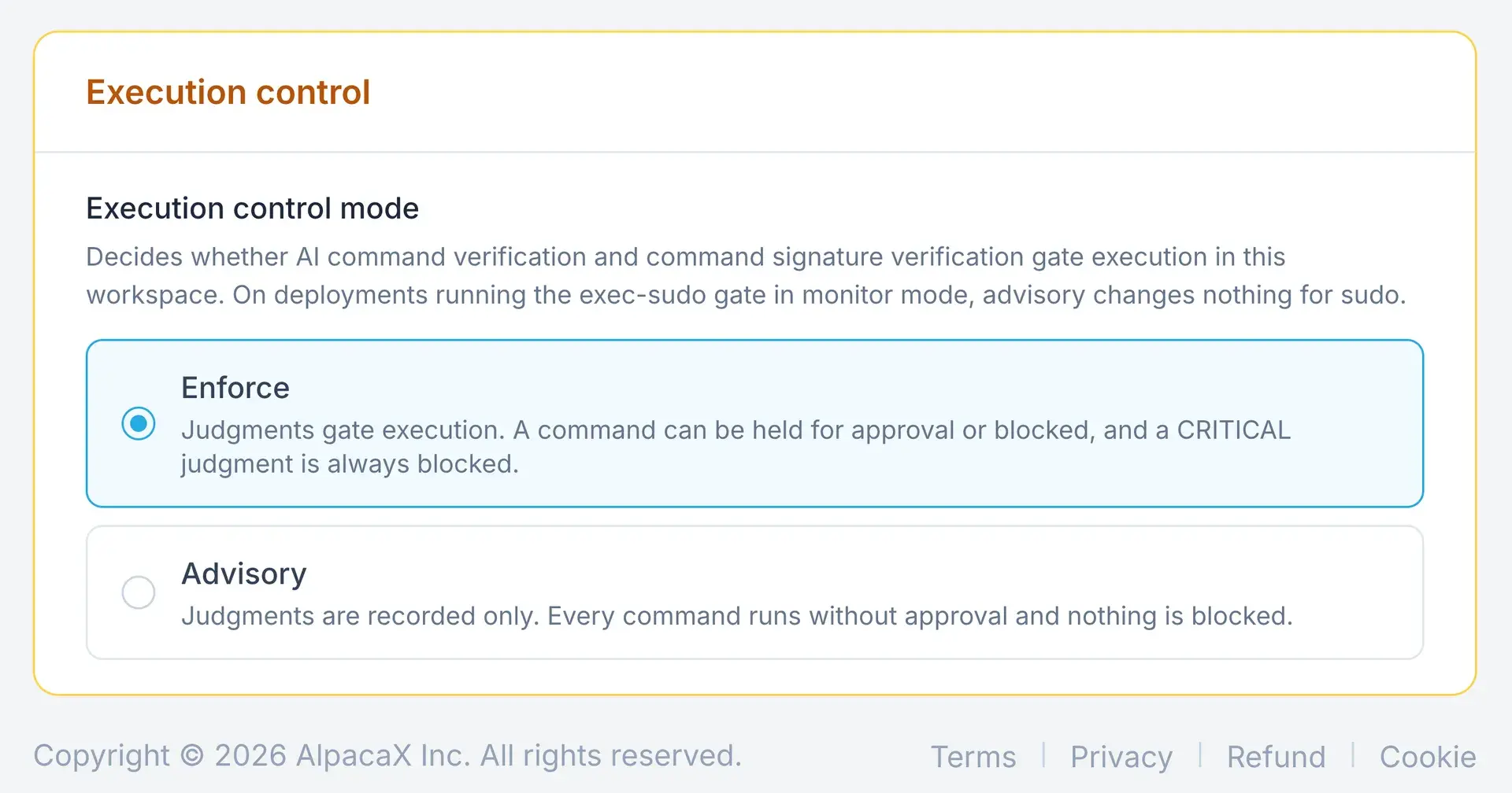 Server access policies 화면의 Execution control 카드. Enforce와 Advisory 중 하나를 고르는 선택지
