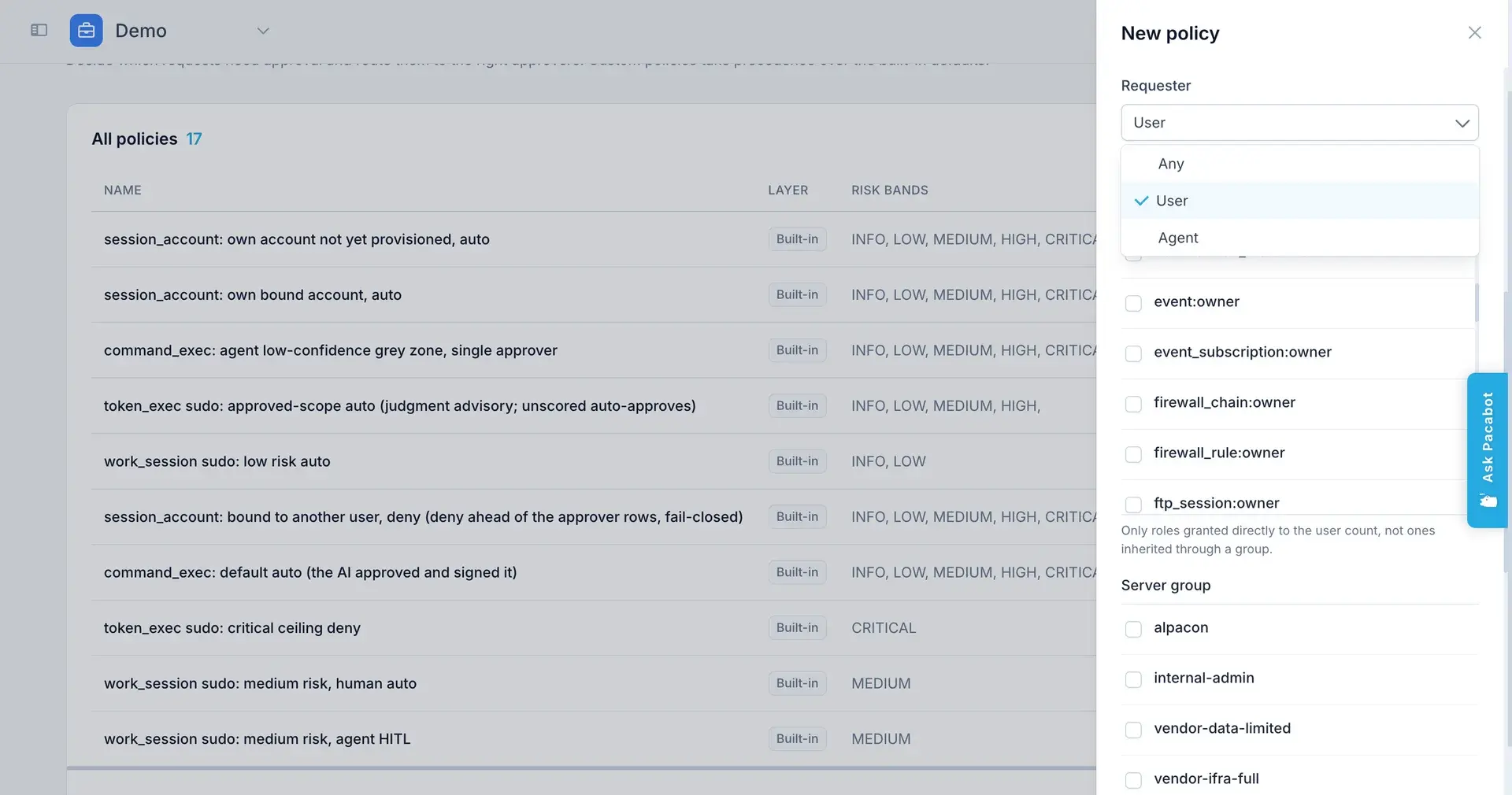 The New policy page, with Requester set to User and a choice of Any, User, or Agent, above the server groups the rule applies to