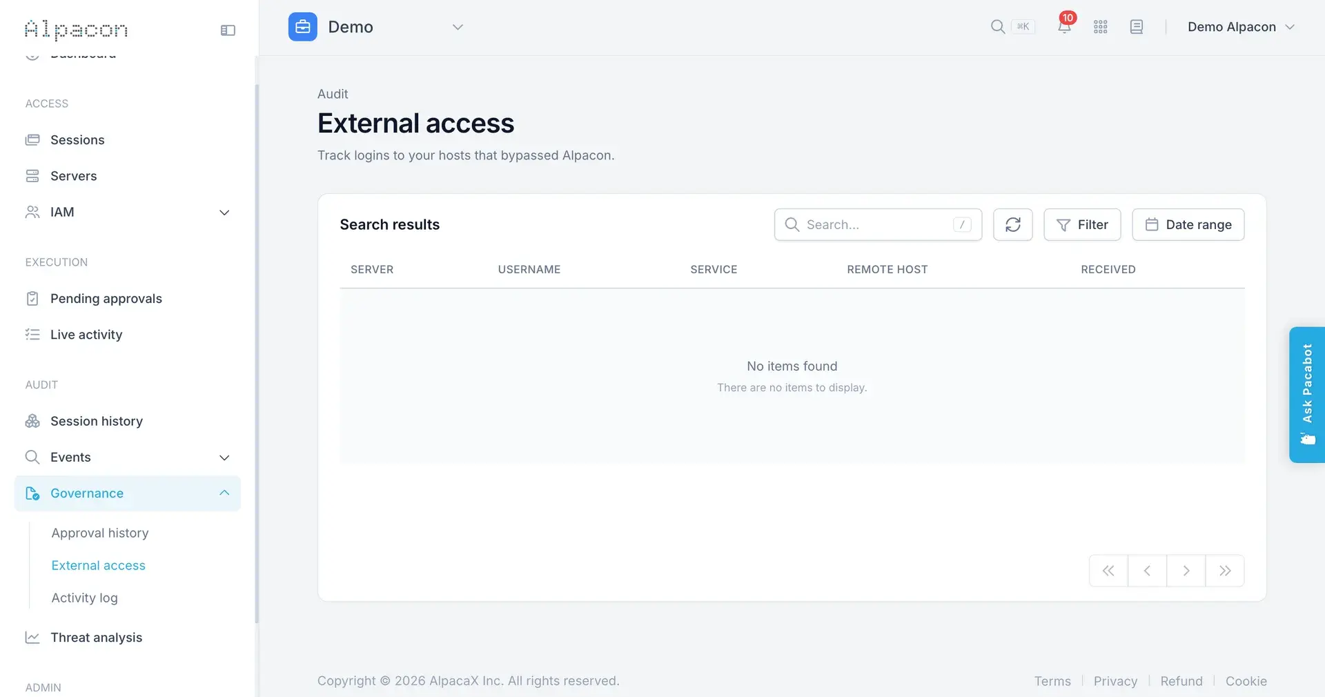 The External access page under Governance, listing connections that did not pass through Alpacon by server, username, service, and remote host