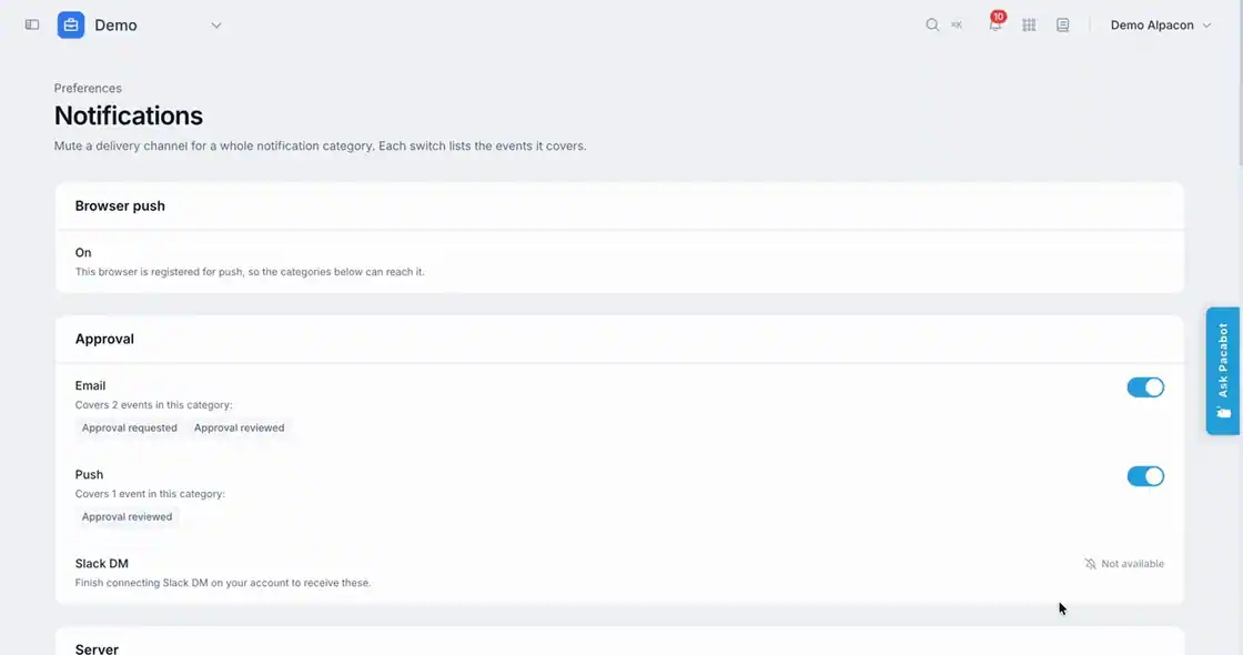 The Notification preferences page, with each notification category set against the channels it can arrive on